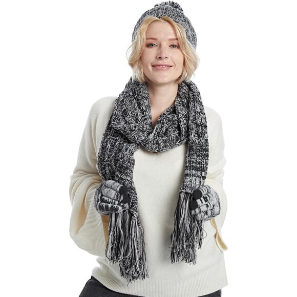 Womens Winter Beanie Hat Scarf Gloves Set 3 in 1 Thick Knit Warm Pompom Cap - Picture 5 of 5